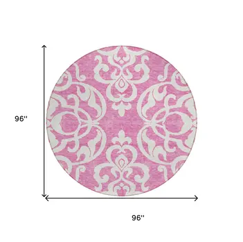 8' Blush And Ivory Round Damask Washable Indoor Outdoor Area Rug