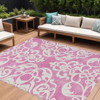 8' X 10' Blush And Ivory Damask Washable Indoor Outdoor Area Rug