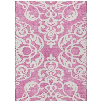 9' X 12' Blush And Ivory Damask Washable Indoor Outdoor Area Rug