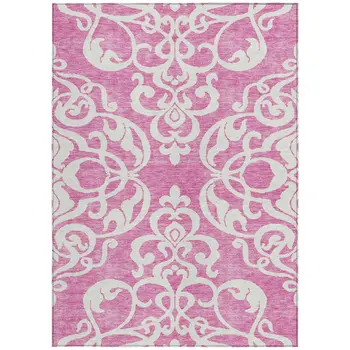 10' X 14' Blush And Ivory Damask Washable Indoor Outdoor Area Rug