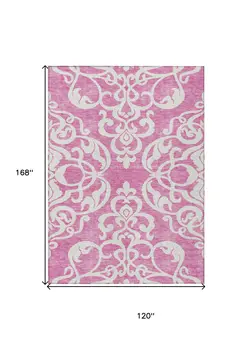 10' X 14' Blush And Ivory Damask Washable Indoor Outdoor Area Rug