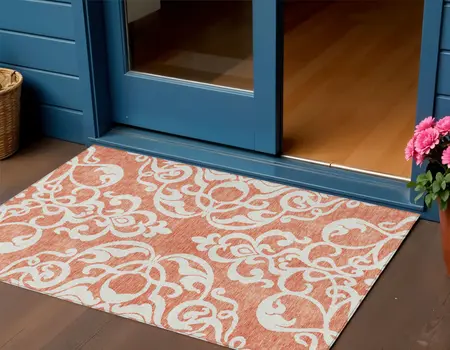 3' X 5' Coral And Ivory Damask Washable Indoor Outdoor Area Rug