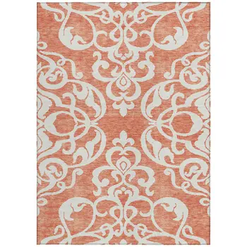5' X 8' Coral And Ivory Damask Washable Indoor Outdoor Area Rug