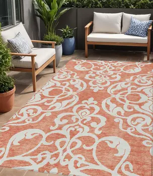 5' X 8' Coral And Ivory Damask Washable Indoor Outdoor Area Rug