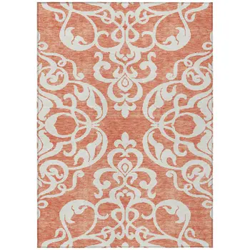 5' X 8' Coral And Ivory Damask Washable Indoor Outdoor Area Rug
