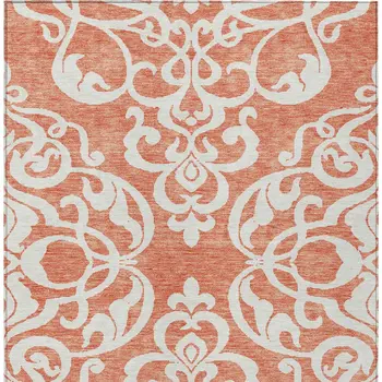 5' X 8' Coral And Ivory Damask Washable Indoor Outdoor Area Rug