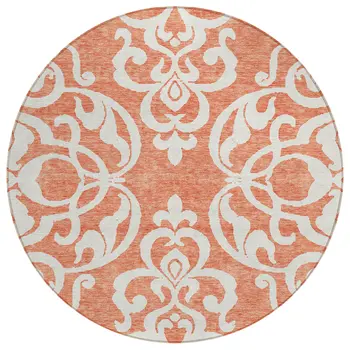 8' Coral And Ivory Round Damask Washable Indoor Outdoor Area Rug