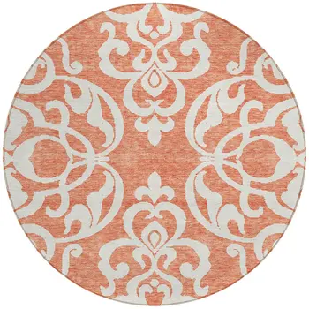 8' Coral And Ivory Round Damask Washable Indoor Outdoor Area Rug