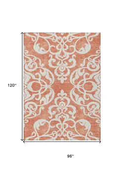 8' X 10' Coral And Ivory Damask Washable Indoor Outdoor Area Rug
