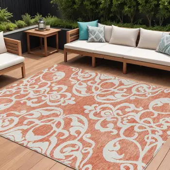 8' X 10' Coral And Ivory Damask Washable Indoor Outdoor Area Rug