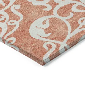 8' X 10' Coral And Ivory Damask Washable Indoor Outdoor Area Rug