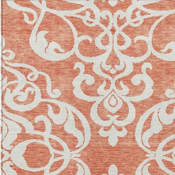 8' X 10' Coral And Ivory Damask Washable Indoor Outdoor Area Rug