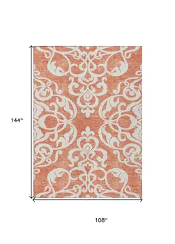 9' X 12' Coral And Ivory Damask Washable Indoor Outdoor Area Rug