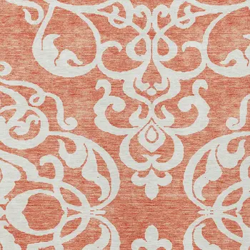 9' X 12' Coral And Ivory Damask Washable Indoor Outdoor Area Rug