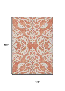 10' X 14' Coral And Ivory Damask Washable Indoor Outdoor Area Rug
