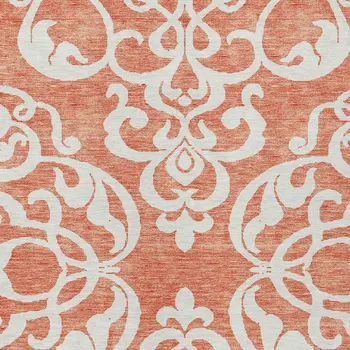 10' X 14' Coral And Ivory Damask Washable Indoor Outdoor Area Rug