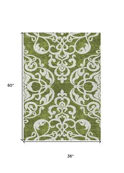 3' X 5' Green And Ivory Damask Washable Indoor Outdoor Area Rug