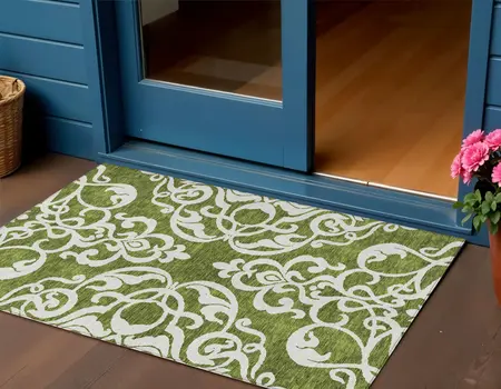 3' X 5' Green And Ivory Damask Washable Indoor Outdoor Area Rug