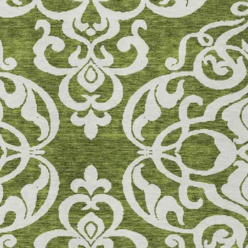 3' X 5' Green And Ivory Damask Washable Indoor Outdoor Area Rug