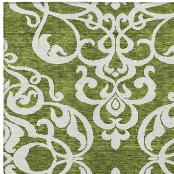 5' X 8' Green And Ivory Damask Washable Indoor Outdoor Area Rug