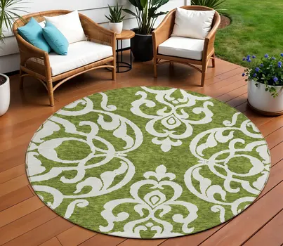 8' Green And Ivory Round Damask Washable Indoor Outdoor Area Rug
