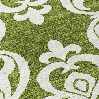 8' Green And Ivory Round Damask Washable Indoor Outdoor Area Rug