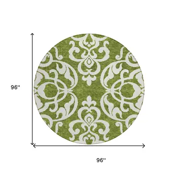 8' Green And Ivory Round Damask Washable Indoor Outdoor Area Rug