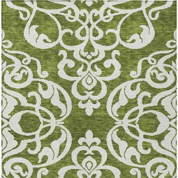 8' X 10' Green And Ivory Damask Washable Indoor Outdoor Area Rug