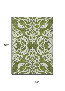 8' X 10' Green And Ivory Damask Washable Indoor Outdoor Area Rug