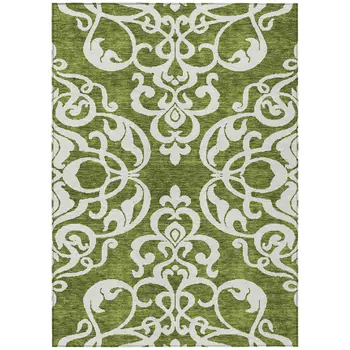 8' X 10' Green And Ivory Damask Washable Indoor Outdoor Area Rug
