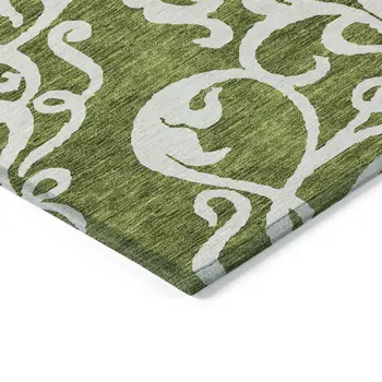 8' X 10' Green And Ivory Damask Washable Indoor Outdoor Area Rug