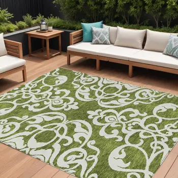 9' X 12' Green And Ivory Damask Washable Indoor Outdoor Area Rug