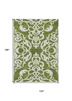 10' X 14' Green And Ivory Damask Washable Indoor Outdoor Area Rug