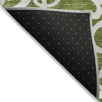 10' X 14' Green And Ivory Damask Washable Indoor Outdoor Area Rug