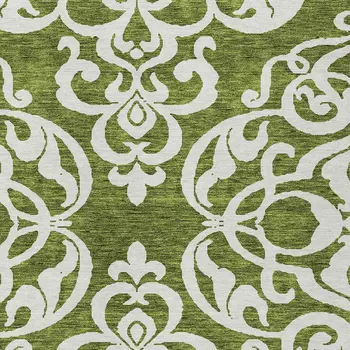 10' X 14' Green And Ivory Damask Washable Indoor Outdoor Area Rug