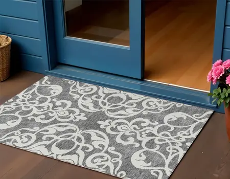 3' X 5' Gray And Ivory Damask Washable Indoor Outdoor Area Rug