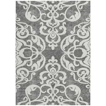 5' X 8' Gray And Ivory Damask Washable Indoor Outdoor Area Rug