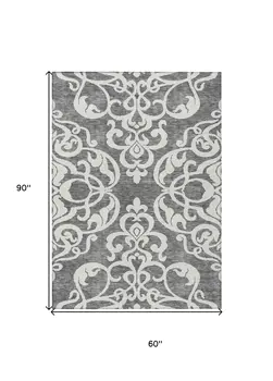 5' X 8' Gray And Ivory Damask Washable Indoor Outdoor Area Rug