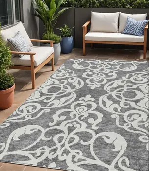 5' X 8' Gray And Ivory Damask Washable Indoor Outdoor Area Rug