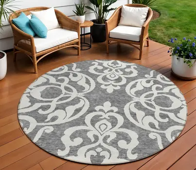 8' Gray And Ivory Round Damask Washable Indoor Outdoor Area Rug