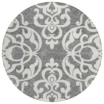 8' Gray And Ivory Round Damask Washable Indoor Outdoor Area Rug
