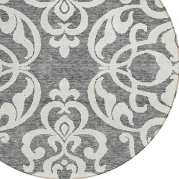 8' Gray And Ivory Round Damask Washable Indoor Outdoor Area Rug