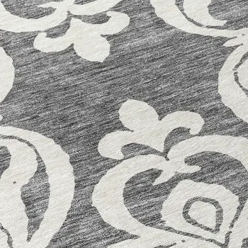 8' Gray And Ivory Round Damask Washable Indoor Outdoor Area Rug