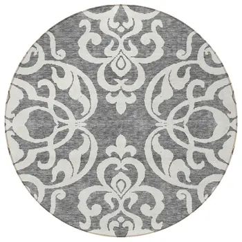 8' Gray And Ivory Round Damask Washable Indoor Outdoor Area Rug