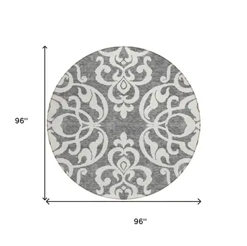 8' Gray And Ivory Round Damask Washable Indoor Outdoor Area Rug