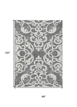 8' X 10' Gray And Ivory Damask Washable Indoor Outdoor Area Rug
