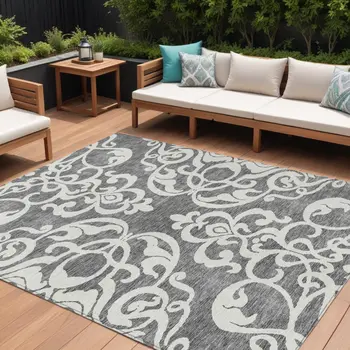8' X 10' Gray And Ivory Damask Washable Indoor Outdoor Area Rug