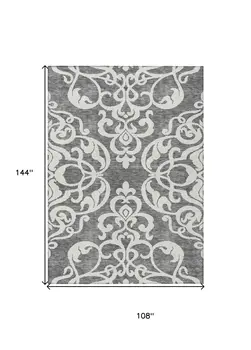 9' X 12' Gray And Ivory Damask Washable Indoor Outdoor Area Rug