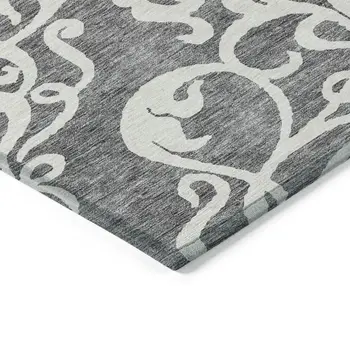 9' X 12' Gray And Ivory Damask Washable Indoor Outdoor Area Rug