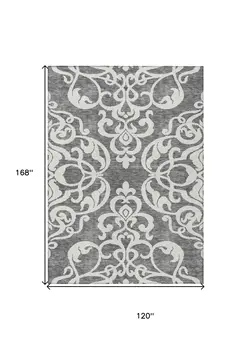 10' X 14' Gray And Ivory Damask Washable Indoor Outdoor Area Rug